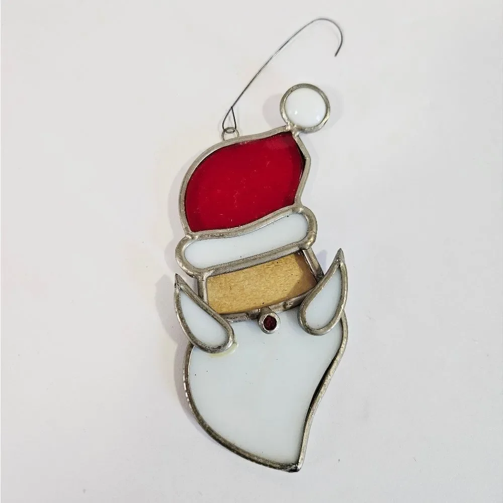 Vintage Large Stained Glass Lead Frame Heavy Santa Suncatcher Christmas Ornament